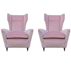 Pair of Italian Modern Wingback Chairs in Light Pink Velvet