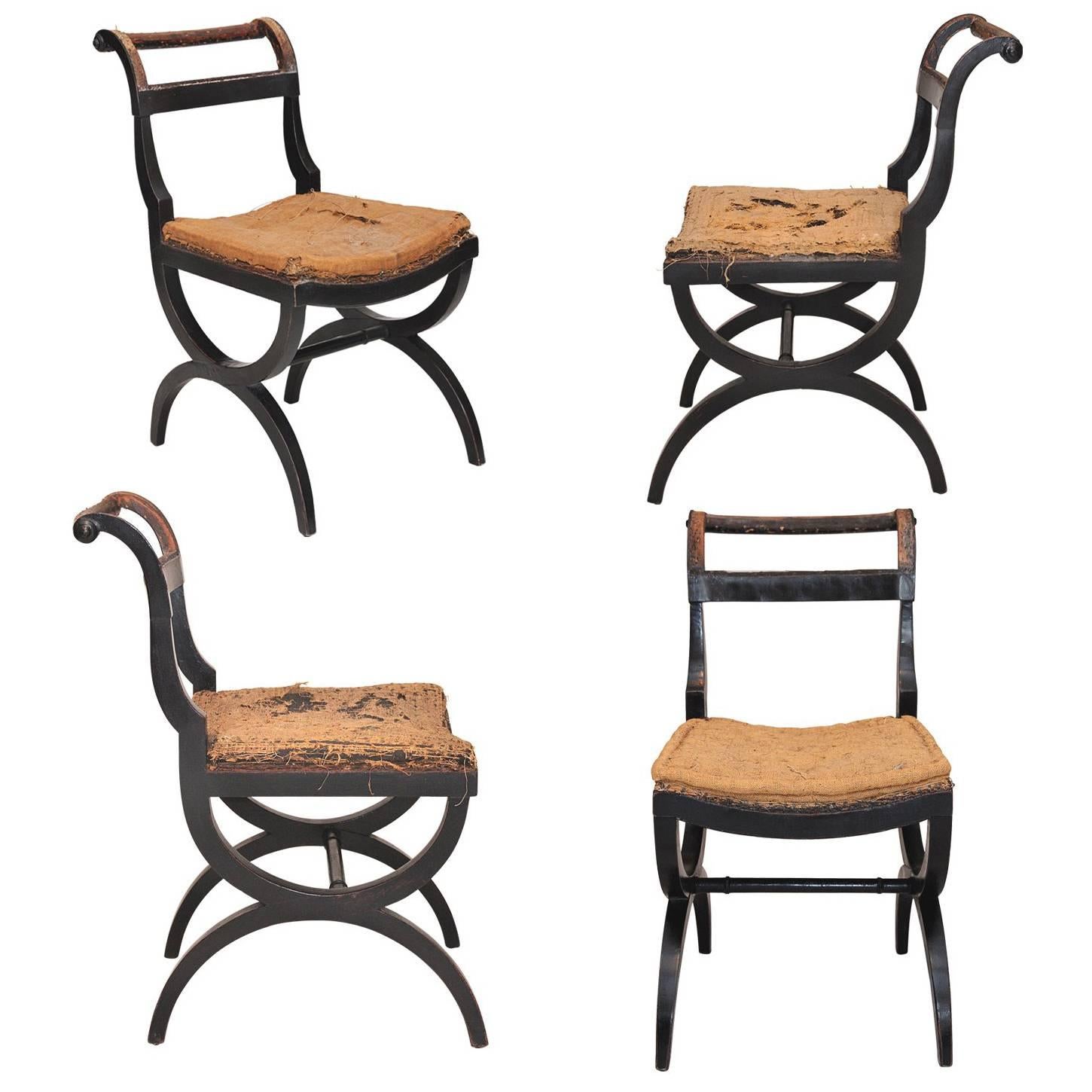 Set of Four English Early 19th Century Regency X-Frame Side Chairs, circa 1810 For Sale