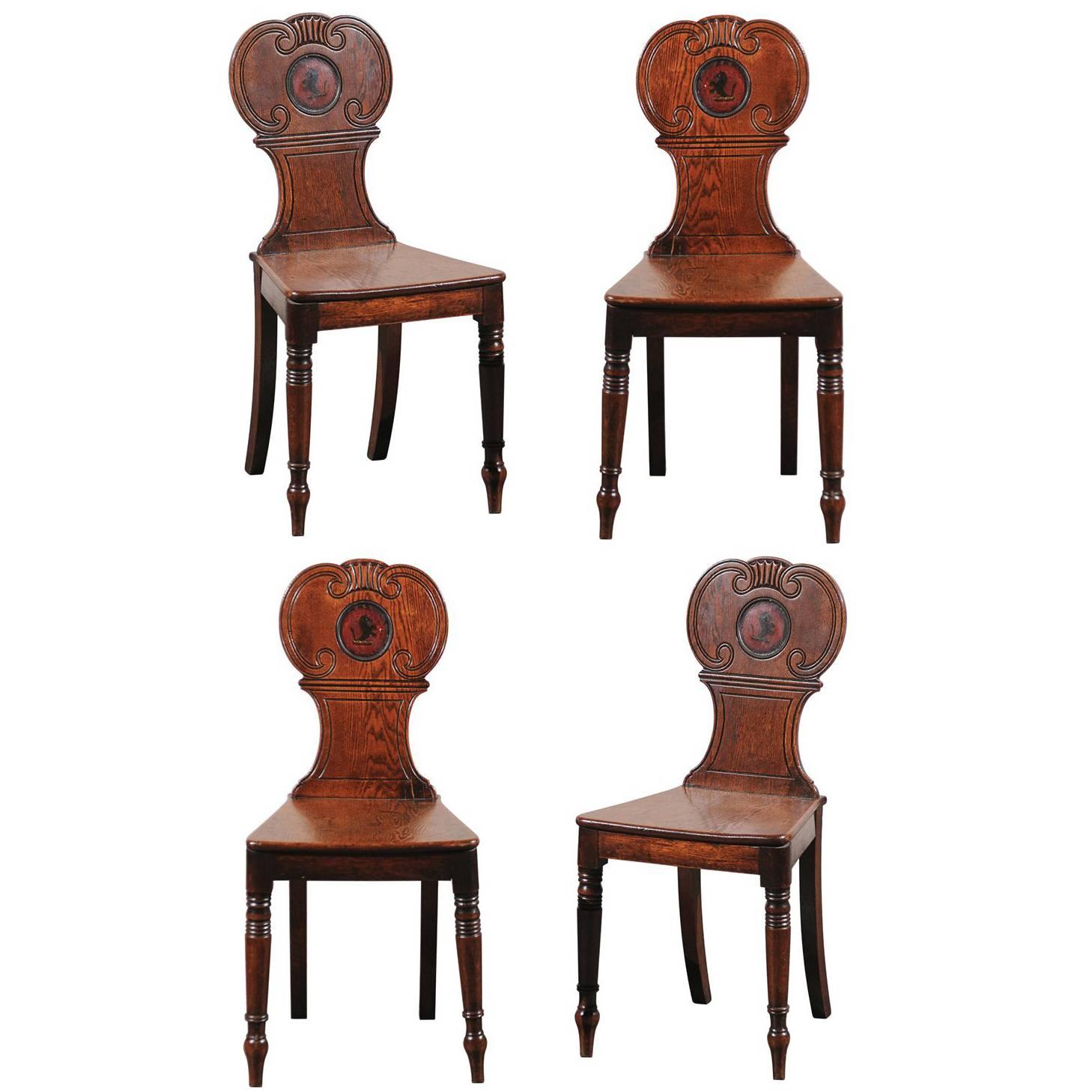 English Set of Four Hall Chairs, Oak with Crest, circa 1830