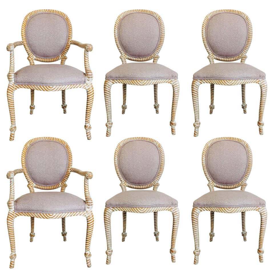 Set of Six Carved Rope Dining Chairs with Whitewashed Finish at 1stDibs