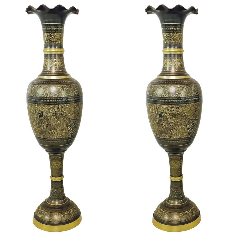 Pair of Tall Brass Etched Afghan Vases at 1stDibs