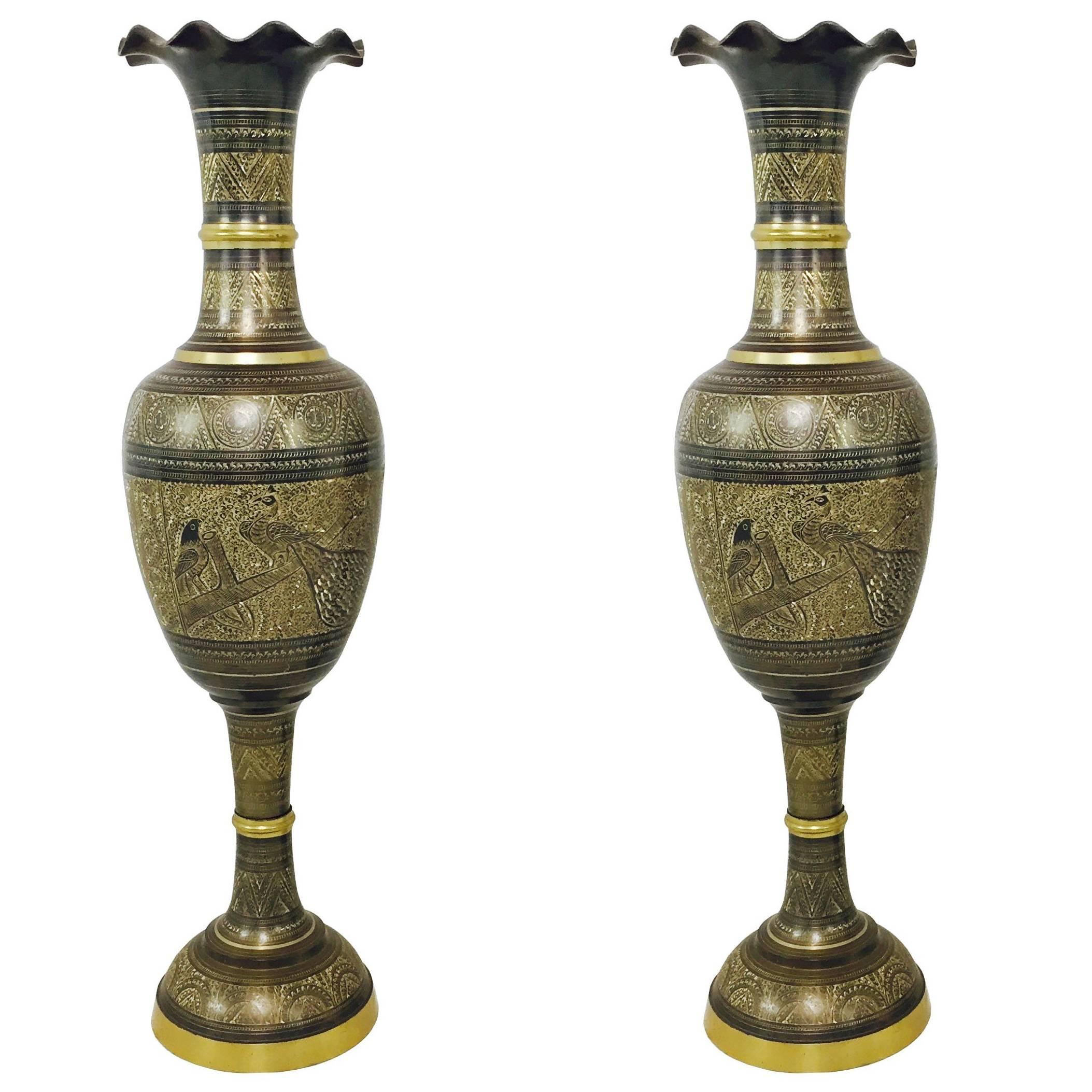 Pair of Tall Brass Etched Afghan Vases
