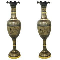 Vintage Pair of Tall Brass Etched Afghan Vases