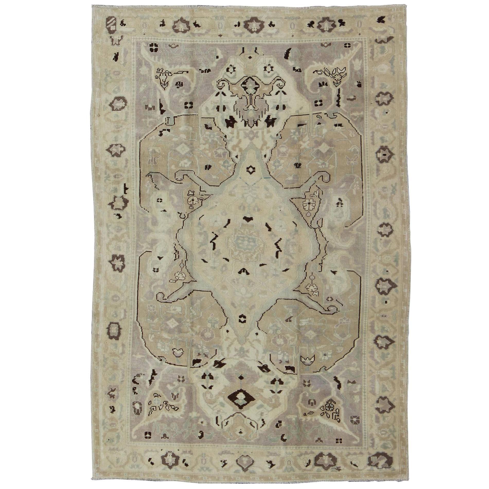 Earthy Vintage Turkish Oushak Carpet with Multi-Medallions and Neutral Colors