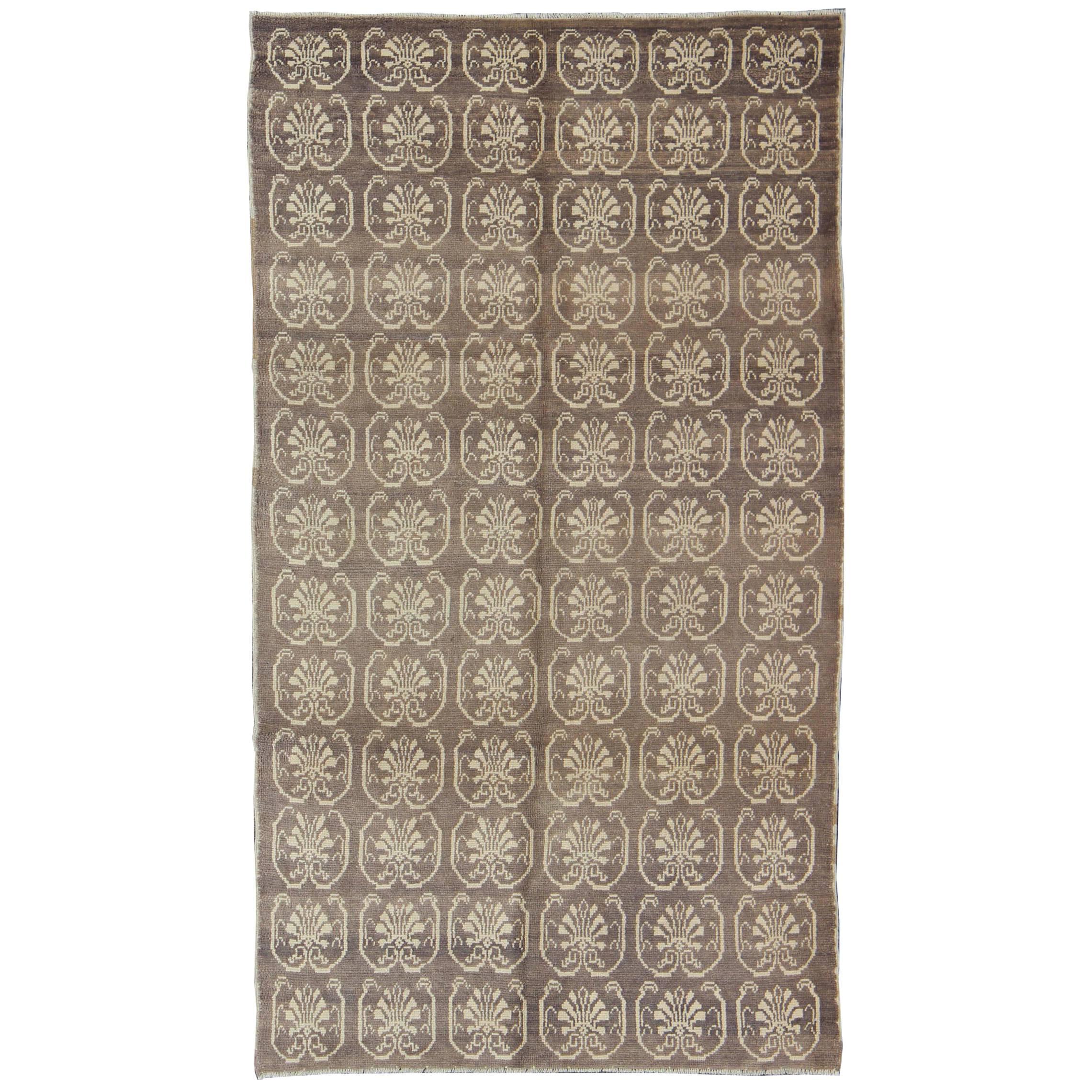 All-Over Design Vintage Turkish Tulu Carpet with Cream and Gray/Aubergine 
