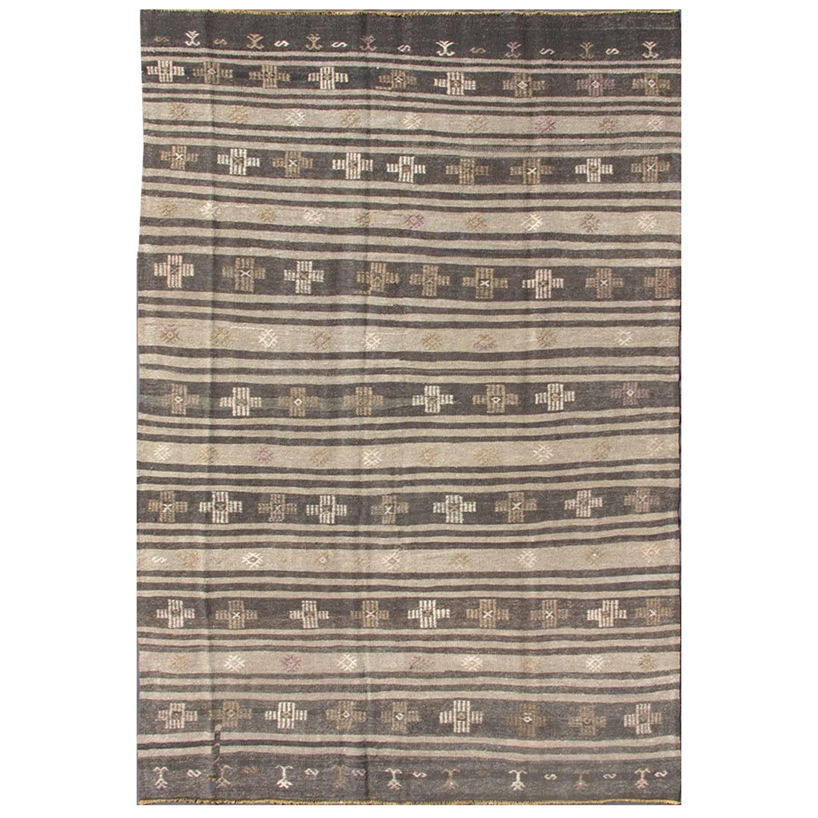 Tribal Turkish Kilim Carpet with Striped Geometric Pattern in Earth Tones