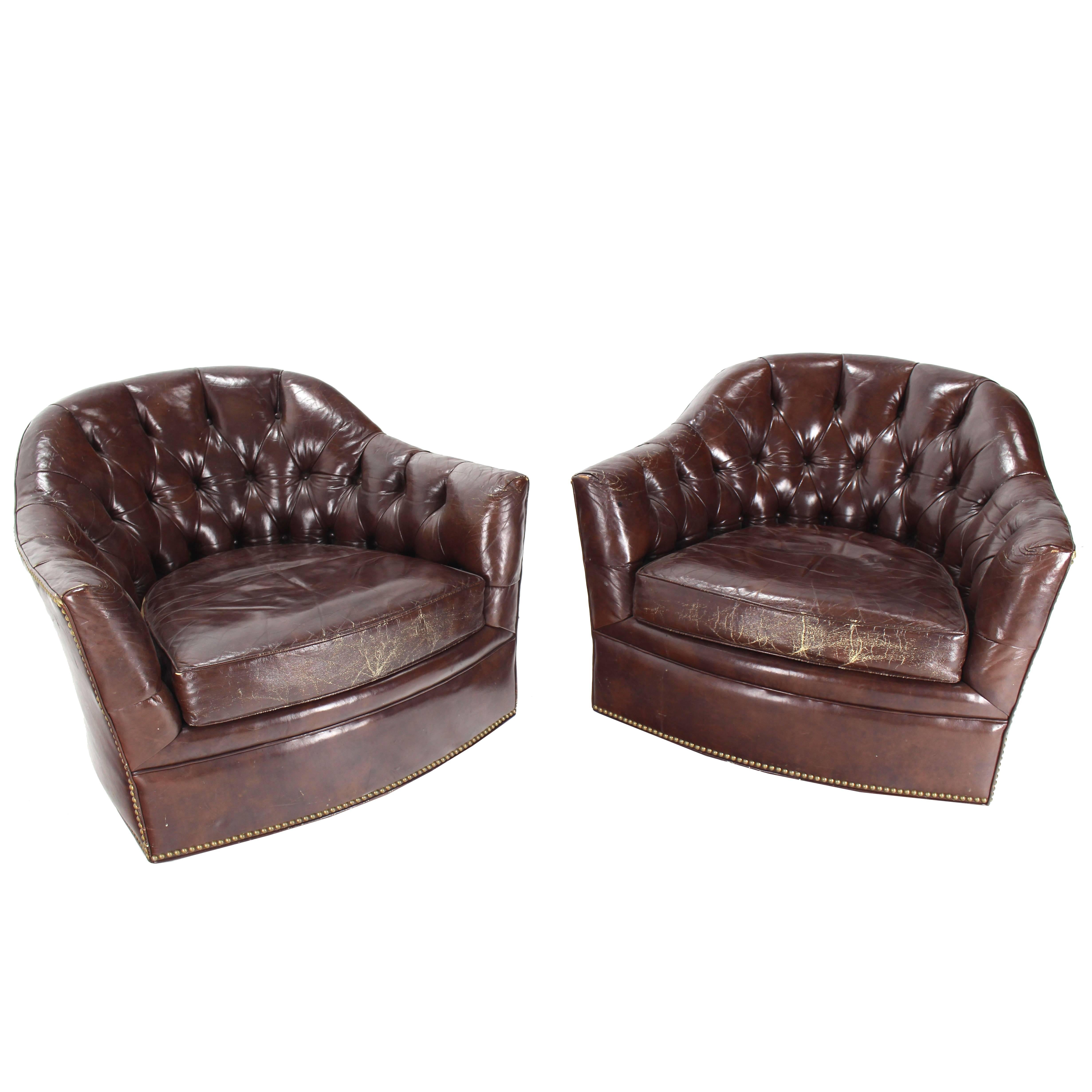 Pair of Brown Shiny Leather Swivel Chairs Tufted Chesterfield Backs Nice Wear