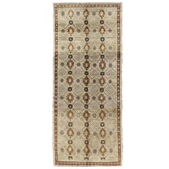 All-Over Design Turkish Oushak with Botanical Shapes in Brown, Gray and Blue
