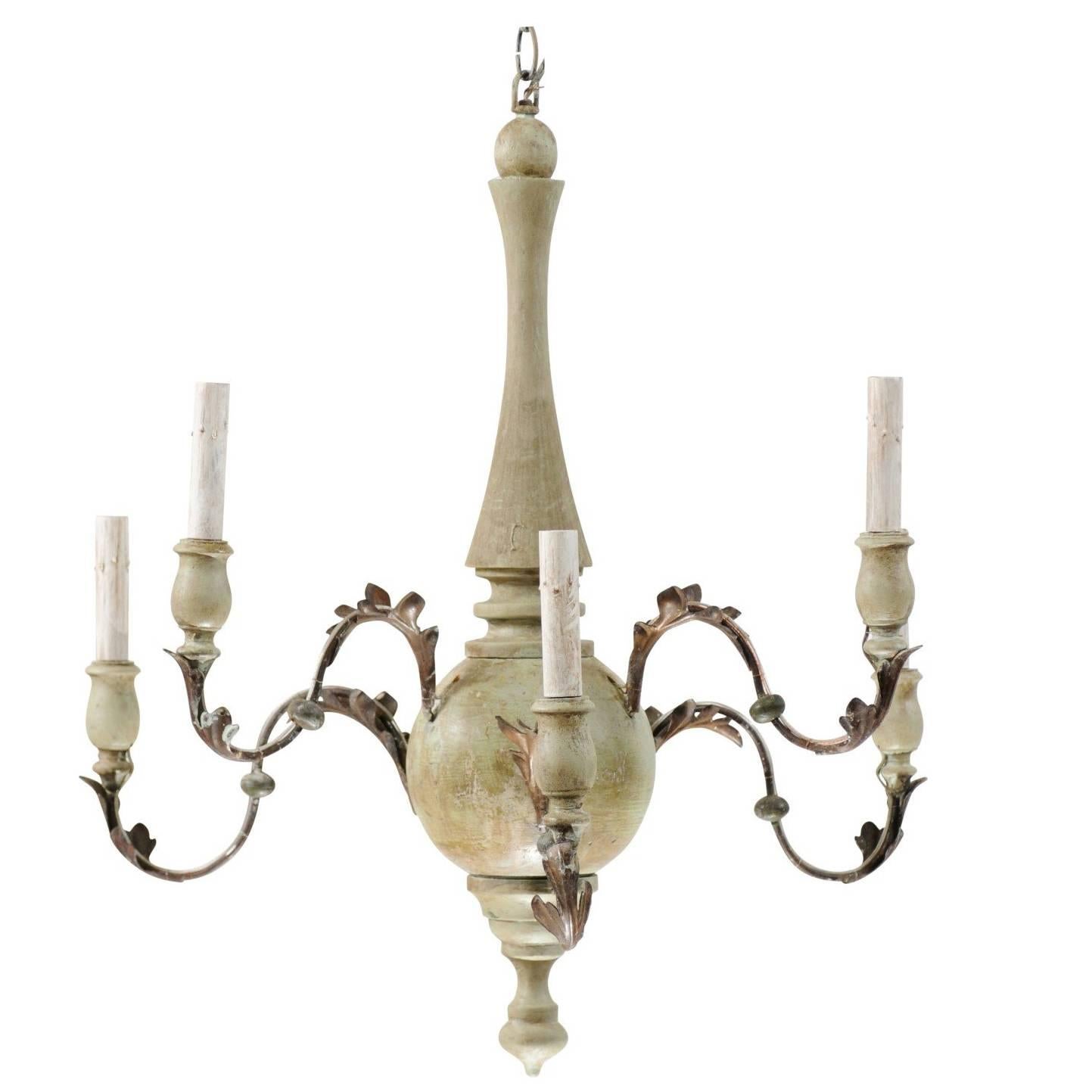 Italian Six-Light Chandelier of Painted Wood and Metal