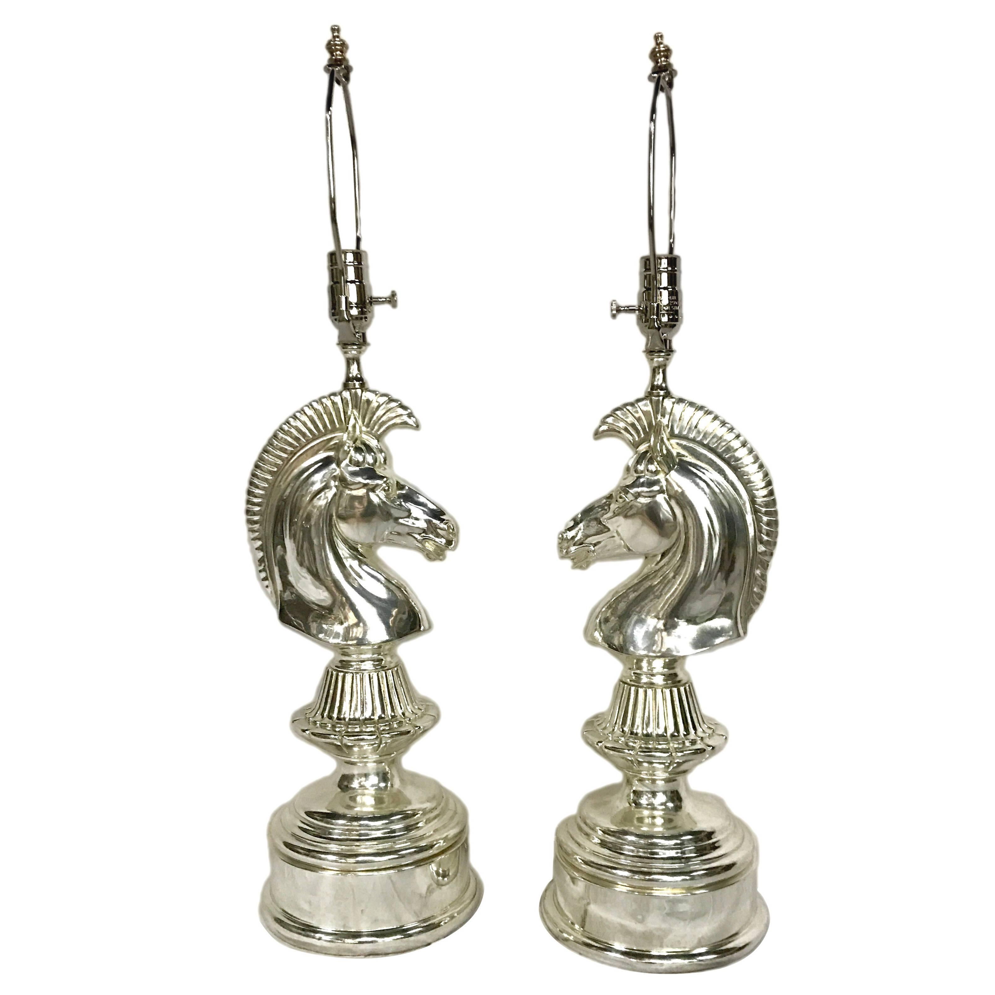 Pair of Silver Plated Horse Table Lamps In Good Condition For Sale In New York, NY