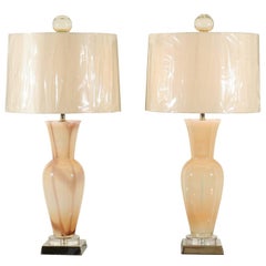 Vintage Elegant Restored Pair of Blown Murano Lamps with Custom Orb Finials, circa 1965