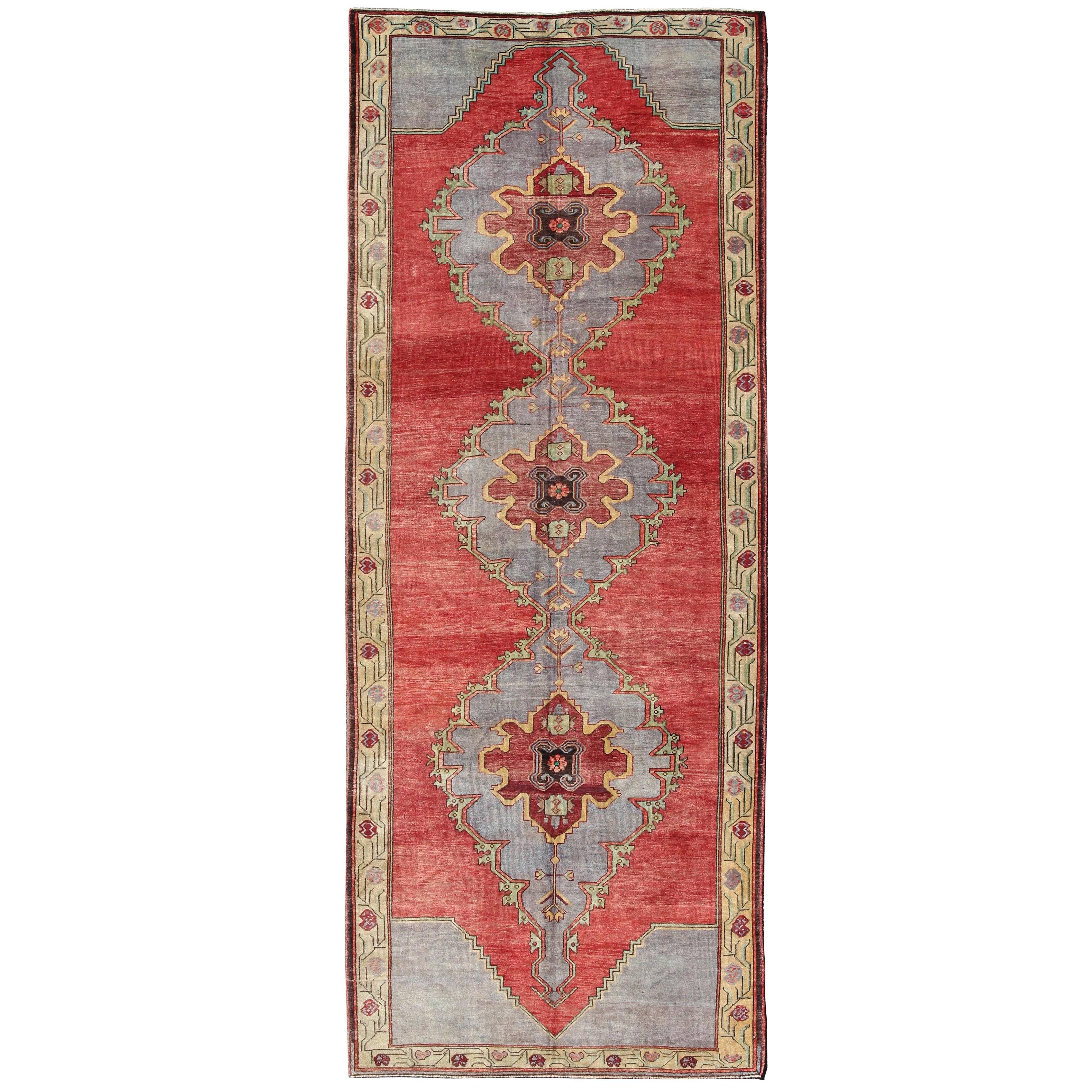 Vintage Turkish Oushak Rug with Three Large Medallions and Vining Floral Border For Sale