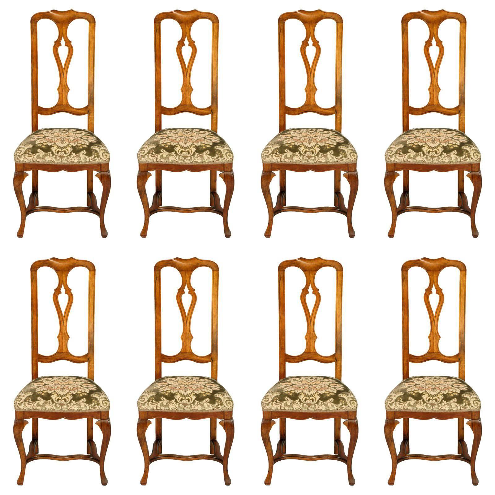 19th Century Antique Venetian Baroque Set of Eight Chairs in Blond Walnut