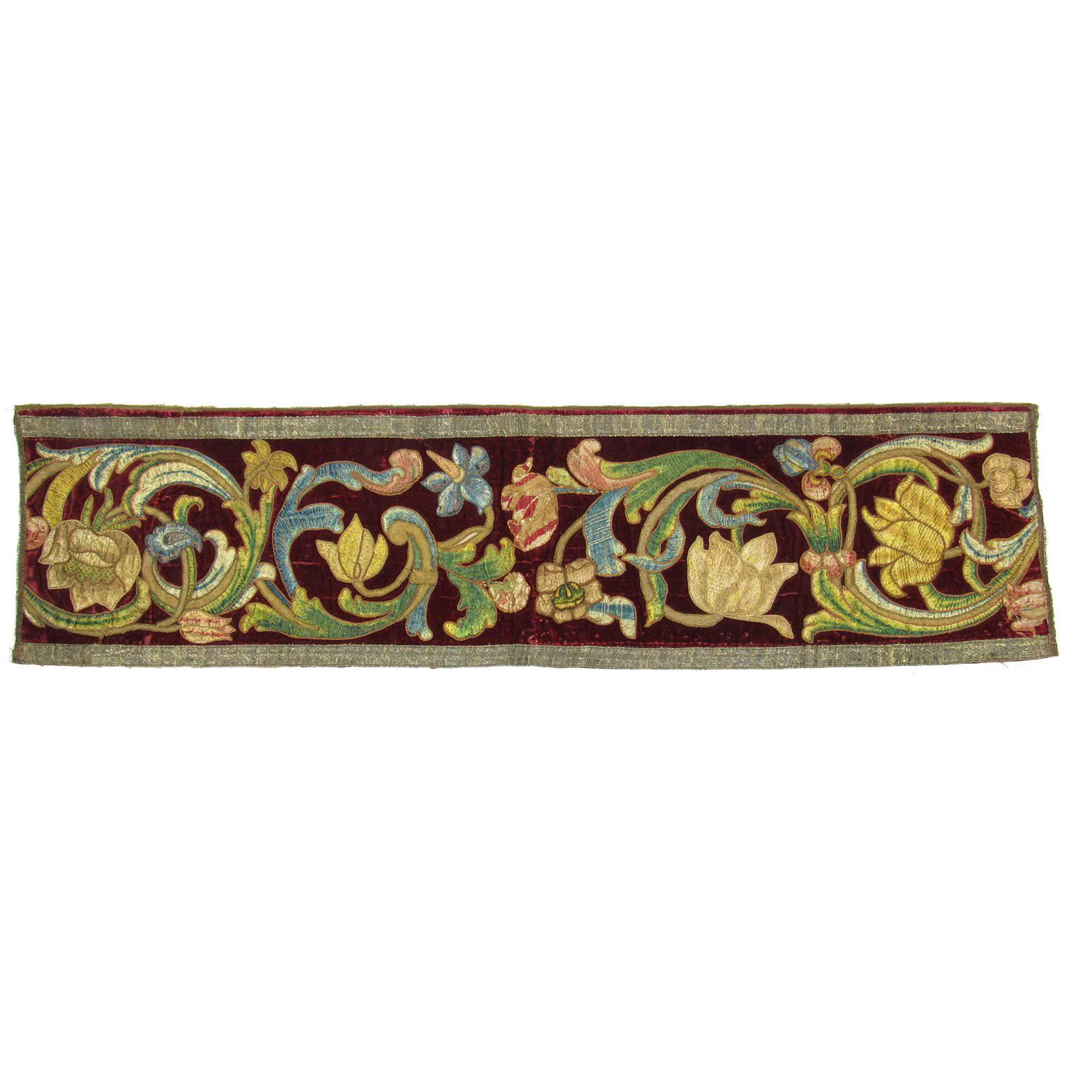 Antique Continental Renaissance Style Floral Embroidered Textile For Sale