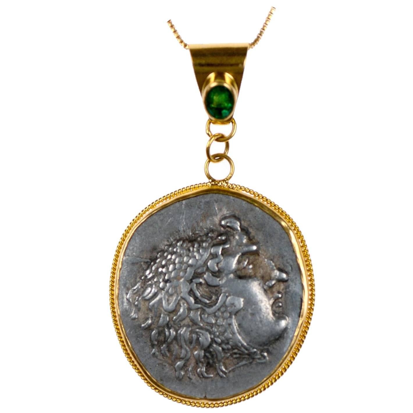 Ancient Macedonian Alexander the Great Coin Set in 22 kt Gold & Emerald Pendant For Sale