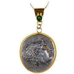 Ancient Macedonian Alexander the Great Coin Set in 22 kt Gold & Emerald Pendant