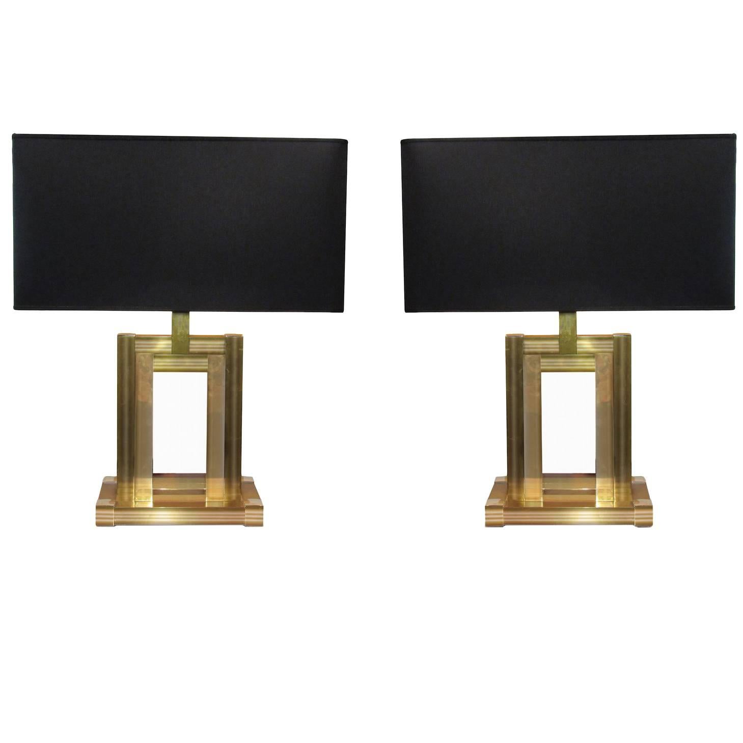 Pair of Geometric Brass Table Lamps, circa 1970, Italy