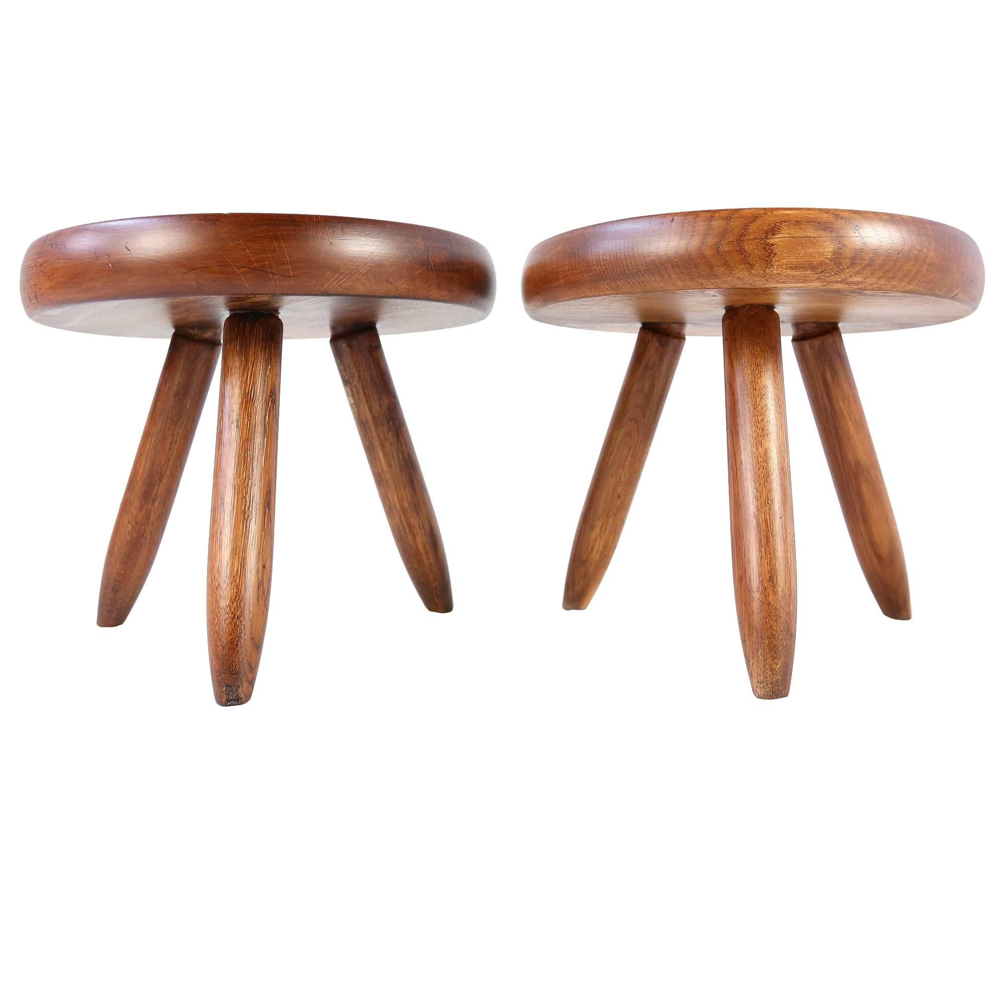 Pair of Charlotte Perriand Low Tripod Ash Tree Stools