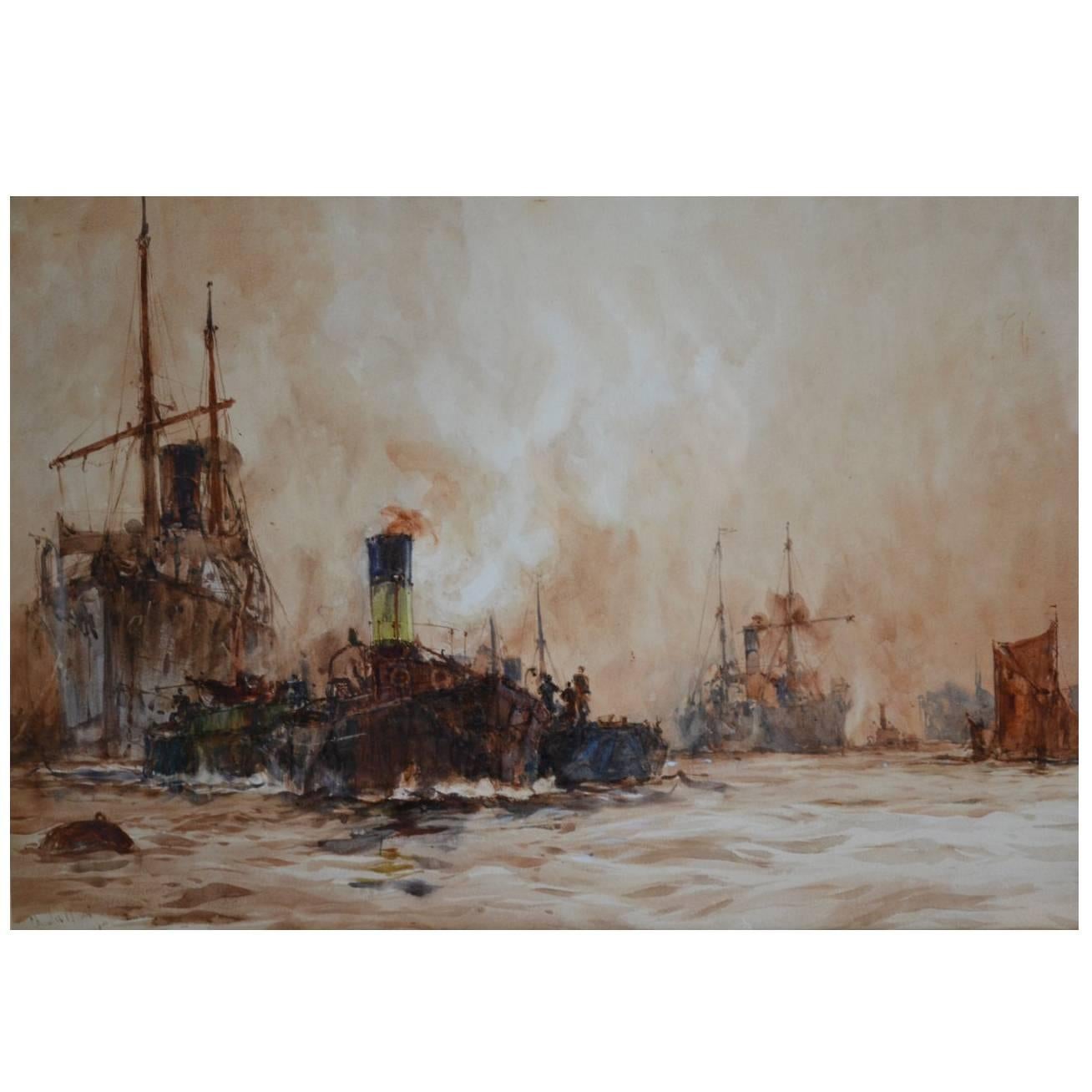 Shipping on the River Thames, London by Charles Dixon For Sale