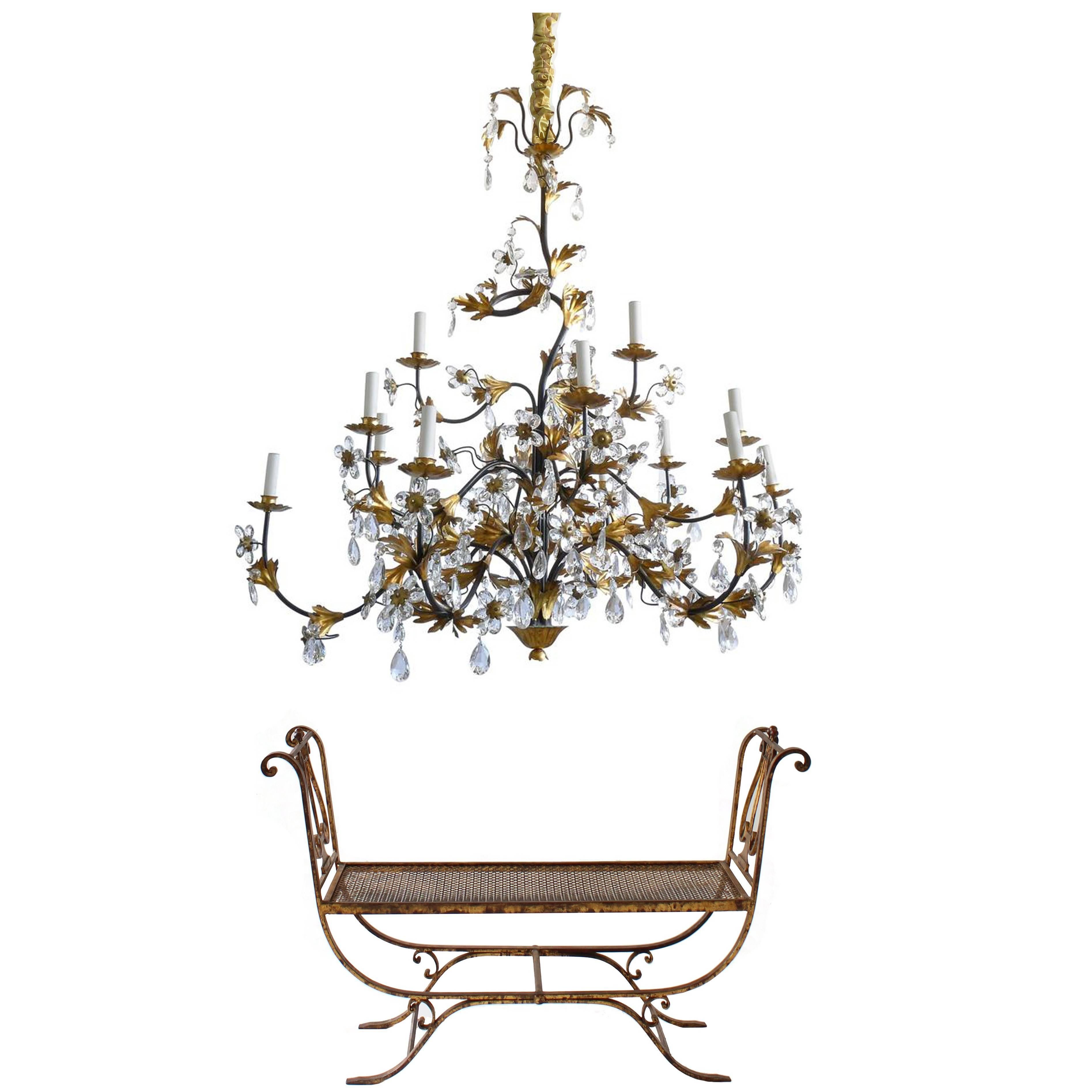 Hollywood Regency Wrought Iron and Crystal Fifteen-Arm Chandelier with Bench For Sale