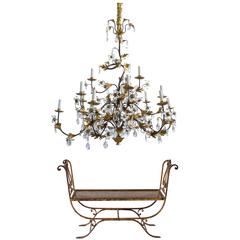 Vintage Hollywood Regency Wrought Iron and Crystal Fifteen-Arm Chandelier with Bench