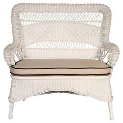 Vintage Quality Wicker Single Cushion Settee with Barkcloth Upholstery