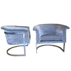 Pair of Chrome Barrel Back Cantilevered Chairs in the Style of Milo Baughman 
