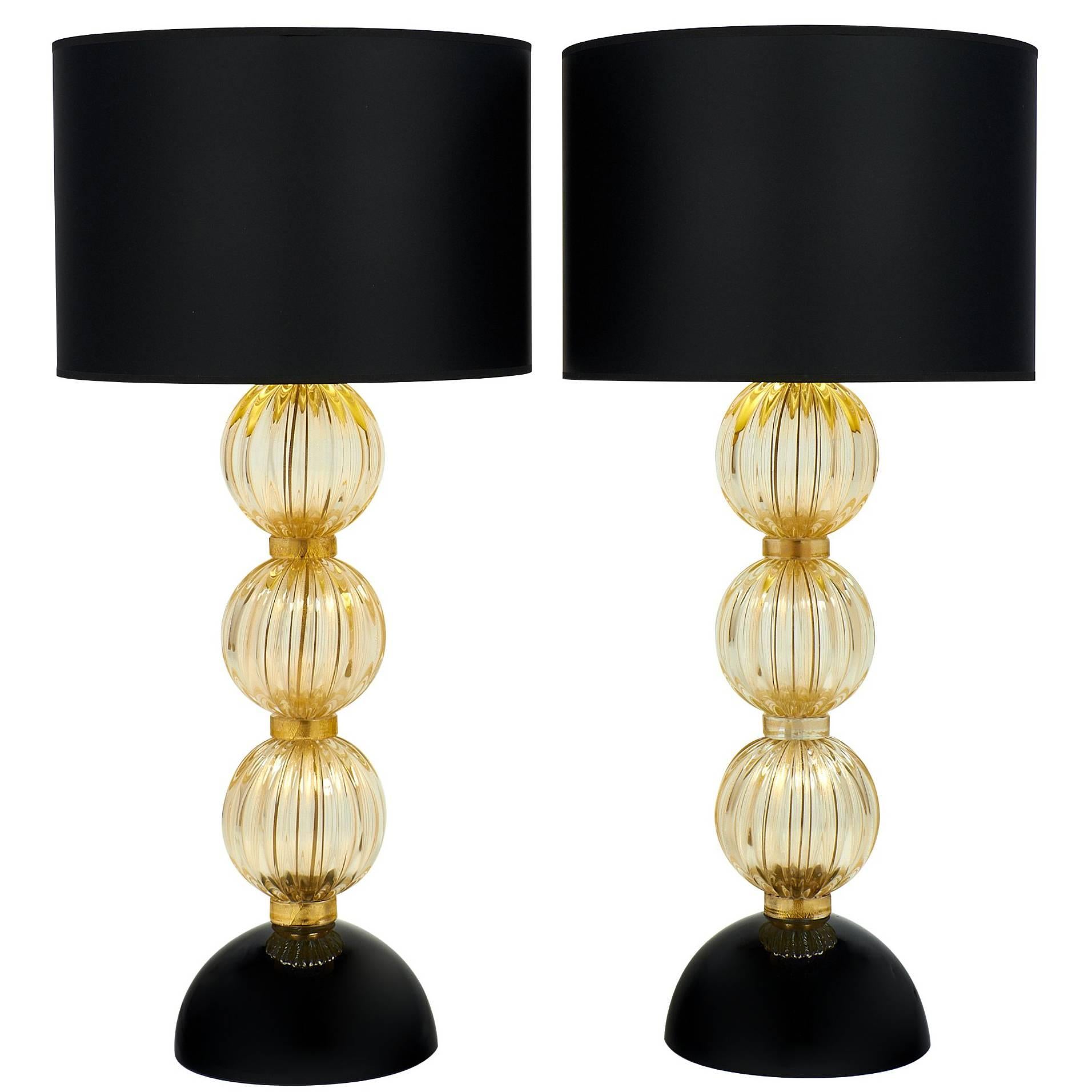 Pair of Italian “Avventurina” Murano Glass Lamps For Sale