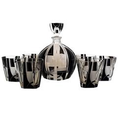 High Style Art Deco Whisky Glass and Enamel Decanter Set by Karl Palda
