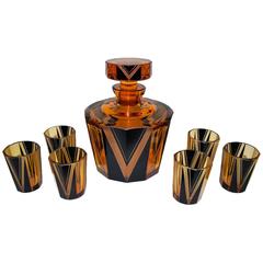 1930s Art Deco Amber Glass and Enamel Decanter Set