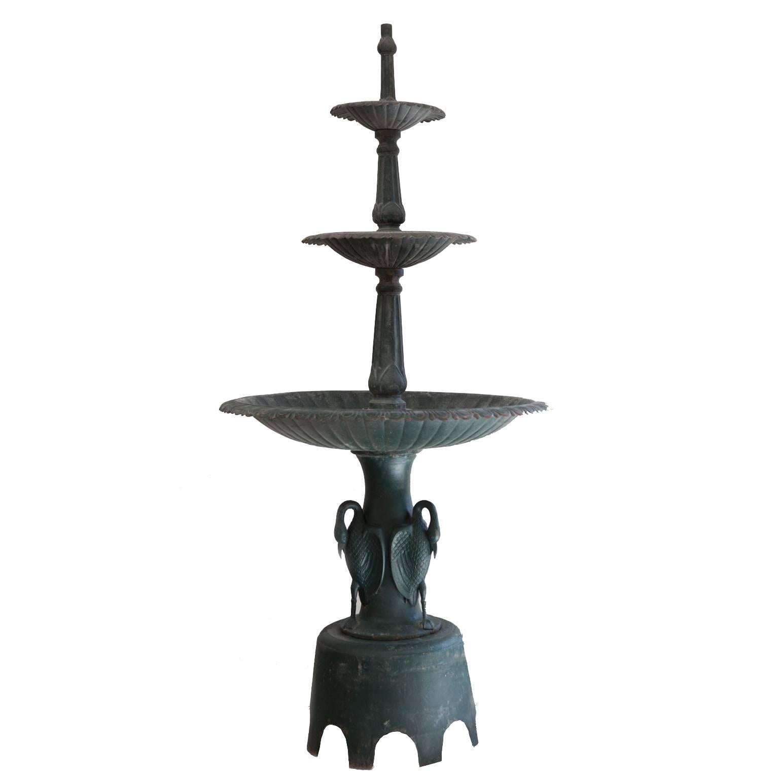 Vintage Green Cast Iron Three-Tier Heron Reclaimed Fountain