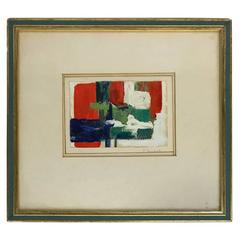 1960s Abstract Laid Canvas Oil Painting in Blue, Green and Red in Original Frame