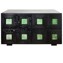 Cerused Oak Chest of Drawers with Matte Green Goatskin Panels