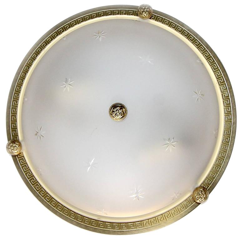 Six Vaughan Regency Style Greek Key Brass Glass Flush Mount Ceiling