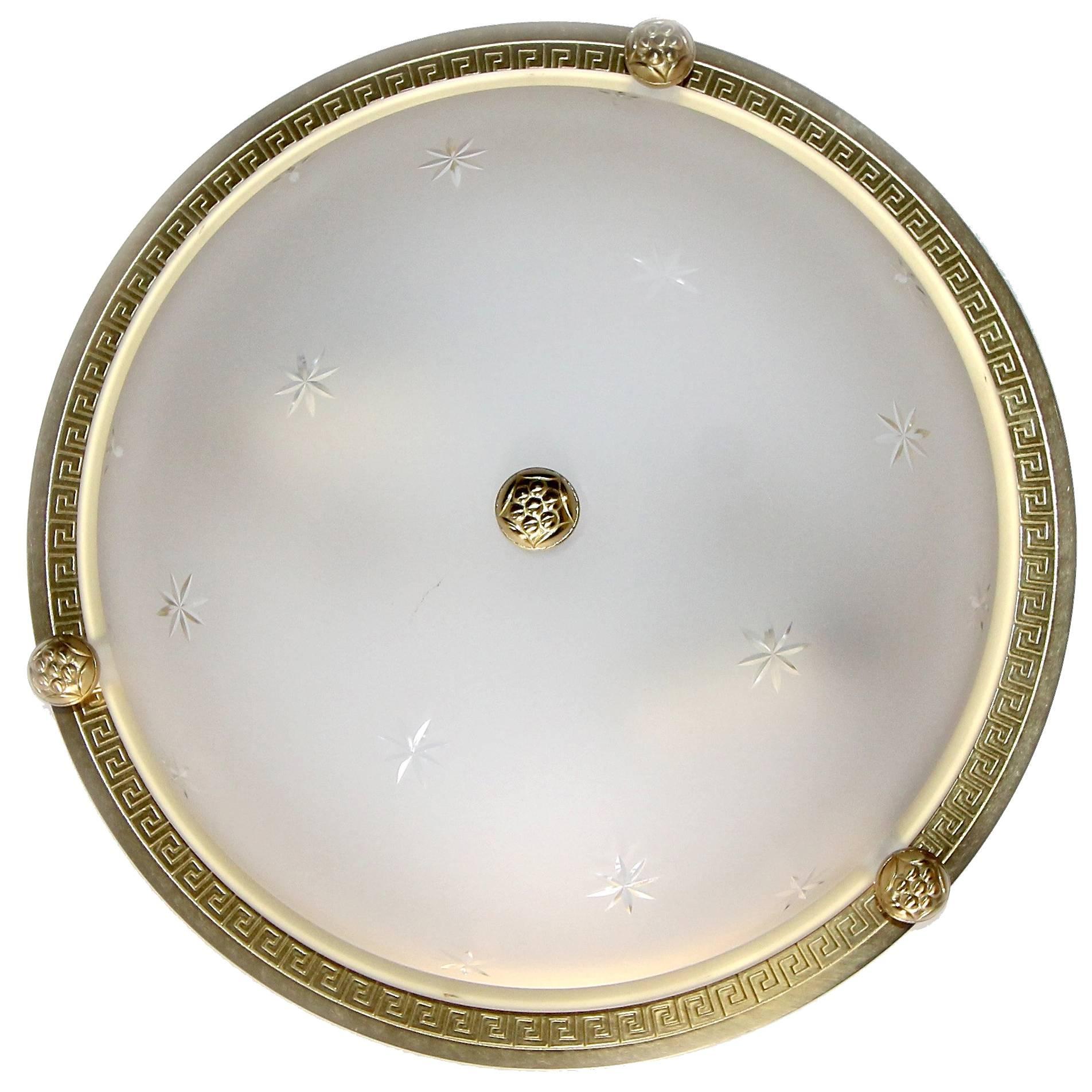 Six Vaughan Regency Style Greek Key Brass Glass Flush Mount Ceiling