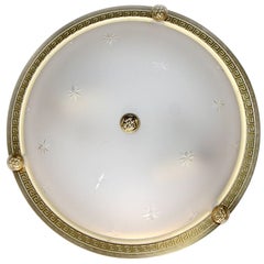 Used Six Vaughan Regency Style Greek Key Brass Glass Flush Mount Ceiling Lights