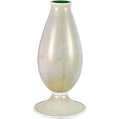 Murano White Gold Flecks Green Italian Art Glass Flower Vase