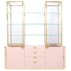 Hollywood Regency Credenza with Brass Vitrine Cabinets