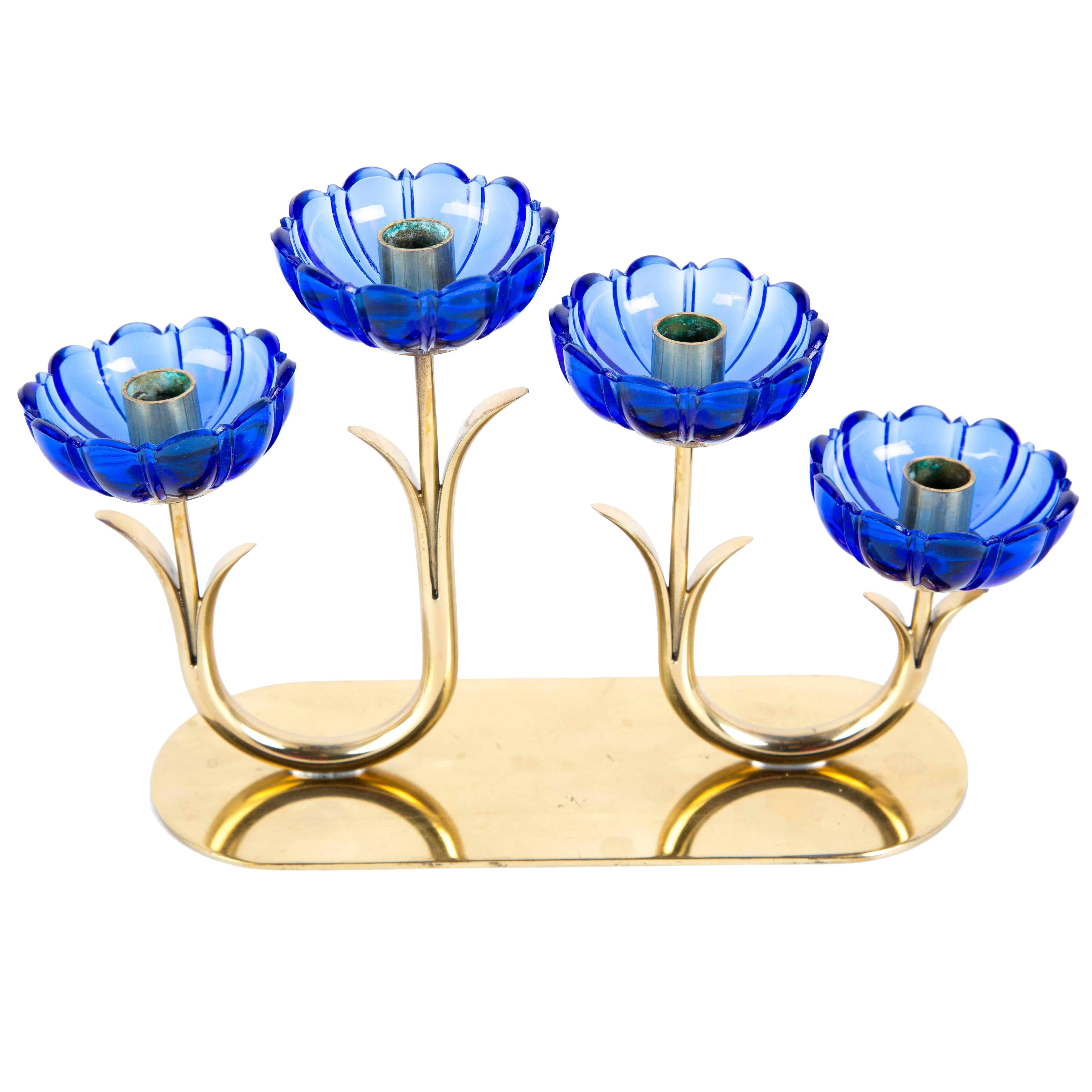 GUNNAR ANDER BLUE CANDLE HOLDER.  Blue Art Glass Flower Set in Brass Sweden For Sale