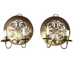Pair of Early 20th Century English Brass Filigree Sconces Two-Arm