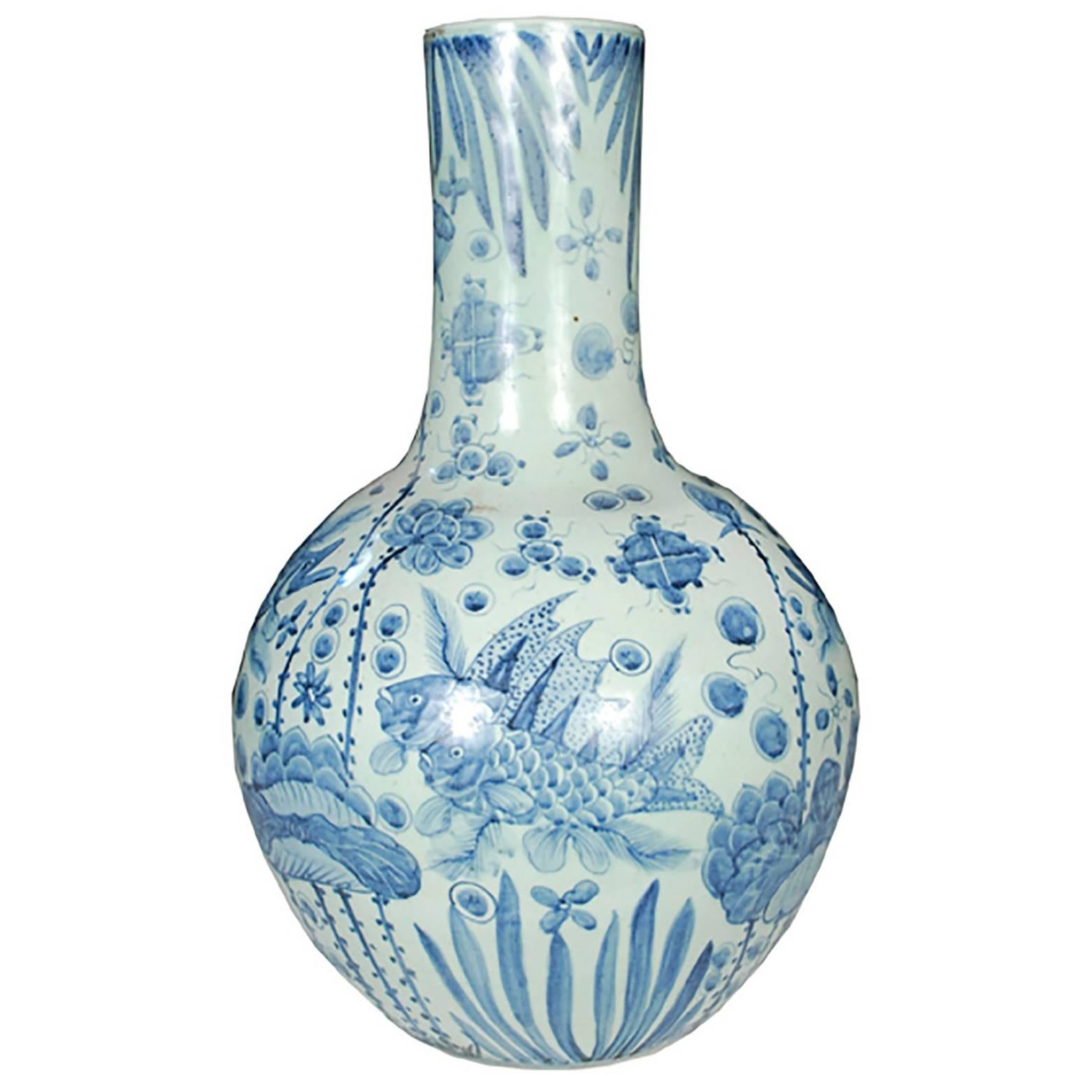 Chinese Blue and White Gooseneck Jar with Fish