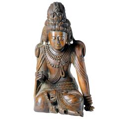 Carved Wooden Hindu Seated Statue