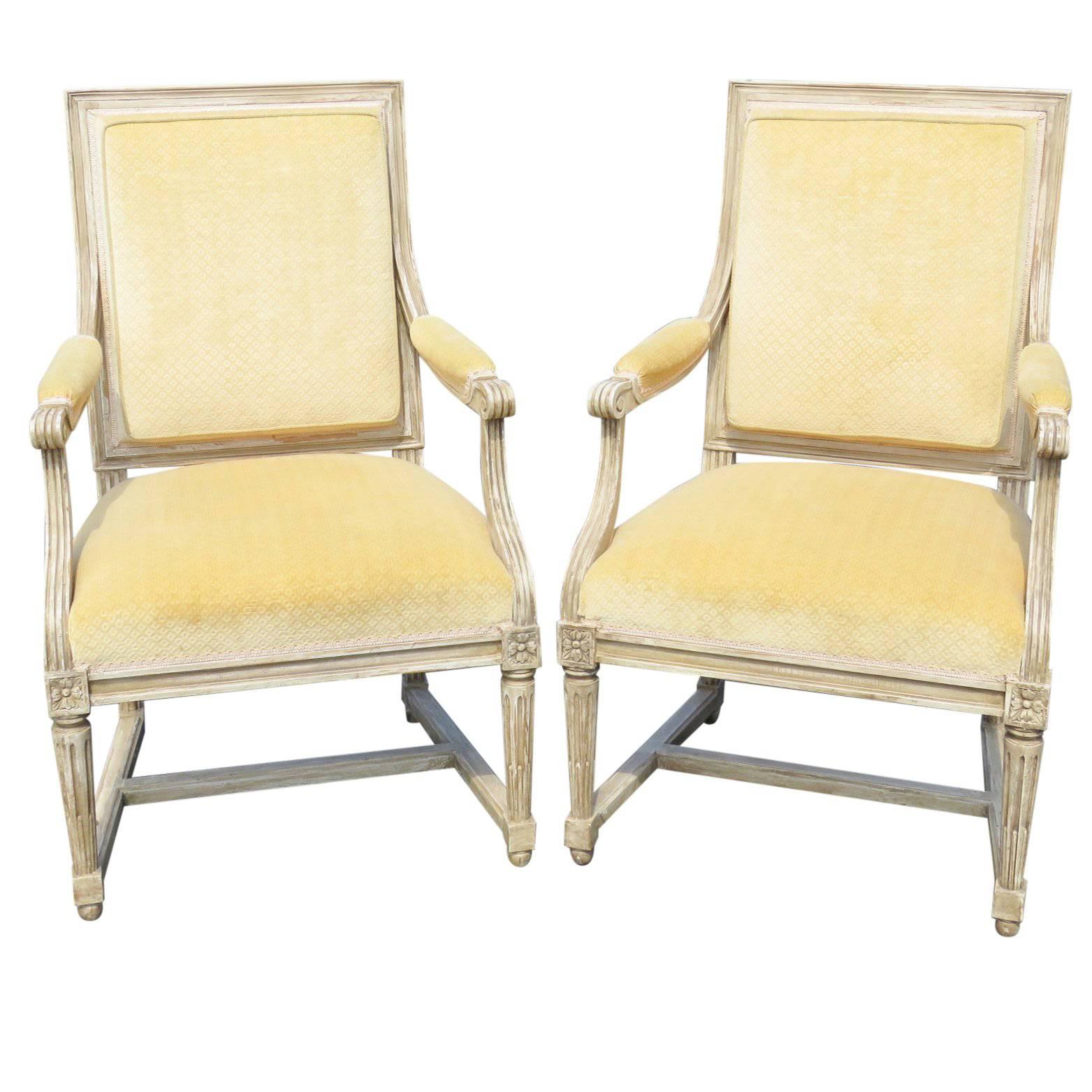 Pair of Louis XVI Style Distressed Painted Fauteuils Arm Chairs