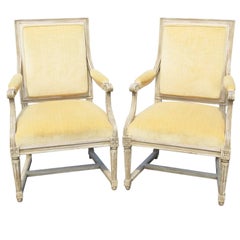 Pair of Louis XVI Style Distressed Painted Fauteuils Arm Chairs