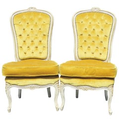 Pair of Louis XVI Style Distressed Painted Tufted Slipper Chairs