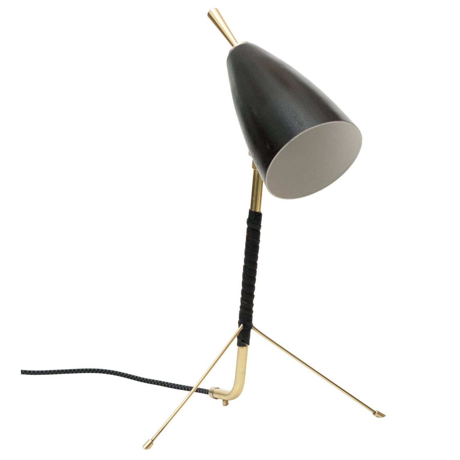 Scandinavian Modern Brass and Leather Tripod Desk Lamp