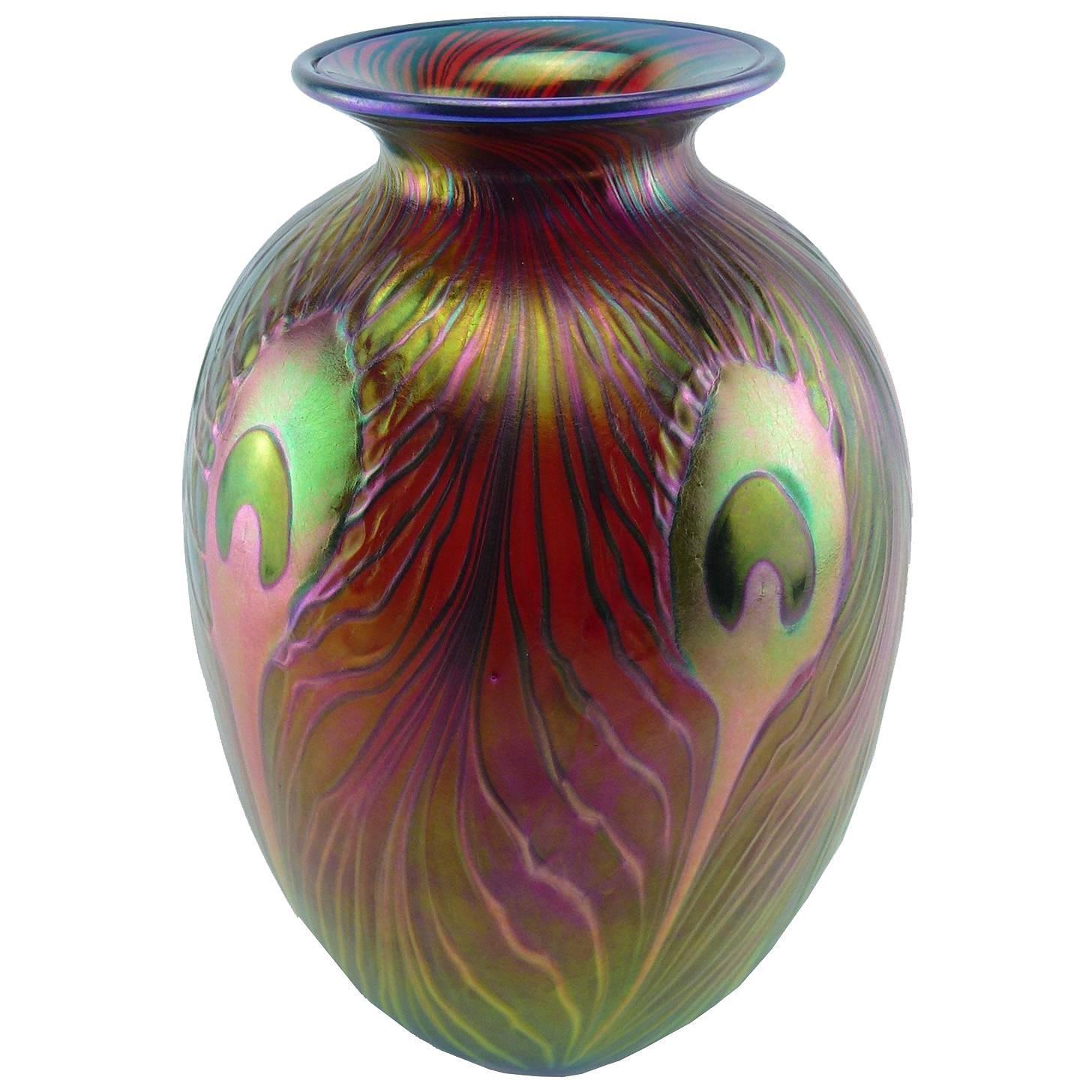 Charles Lotton Peacock Feather Studio Art Glass Red Gold Vase For Sale