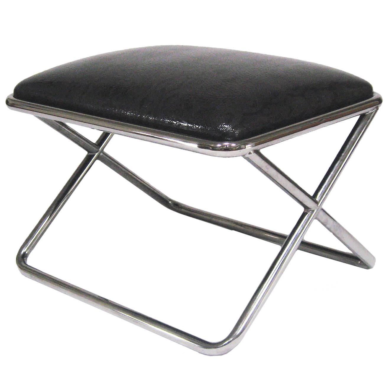 Ward Bennett Style Chrome and Leather X-Base Stool