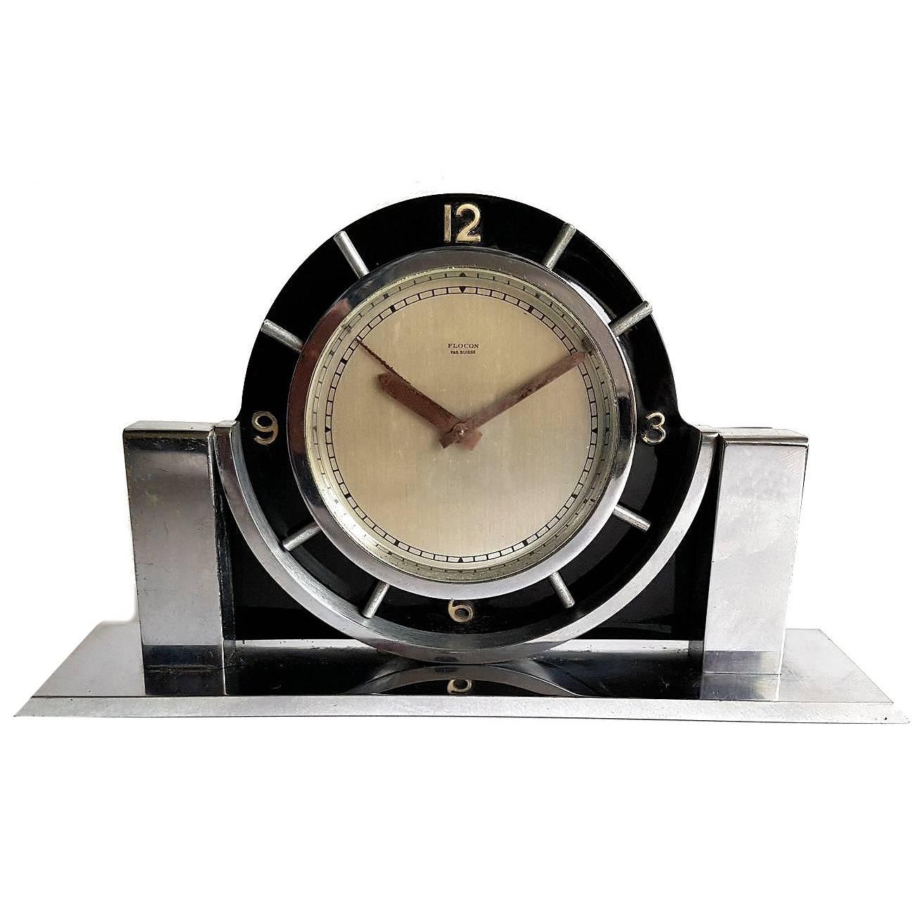 Art Deco Modernist ImHof Eight Day Alarm Clock in Black Celluloid and Chrome