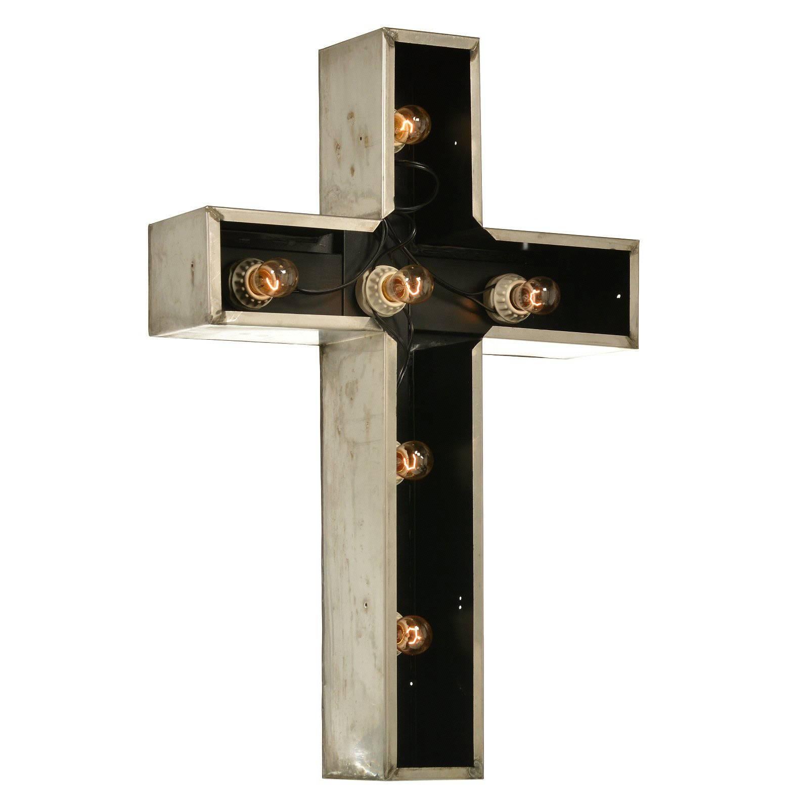 Vintage Lighted Stainless Steel Church Cross Sign For Sale